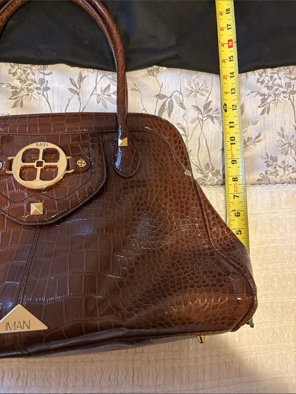 IMAN Dark Brown Croc-Embossed Tote with Gold Accents